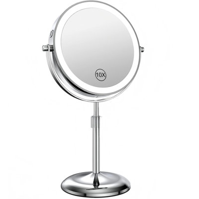 Miroir de maquillage lumineux avec grossissement 10X et 3 lumières de couleur, luminosité et hauteur réglables, miroir de coiffeuse à maquillage à grossissement pivotant à 360 ° 7 pouces avec éclairage (argent)