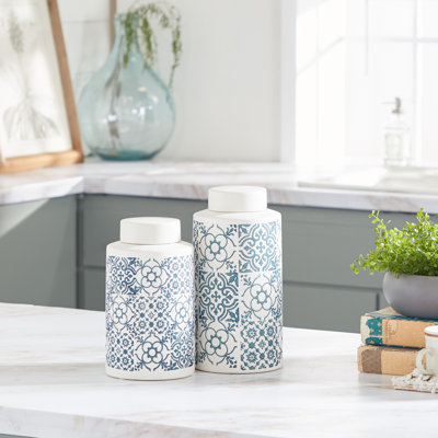 Ceramic White Decorative Jars with Spanish Tile Patterns Set