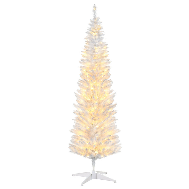 Arbre de Noël artificiel mince 5 pi avec branches réalistes et lumières DEL blanc chaud, blanc, H 5 pi, Blanc