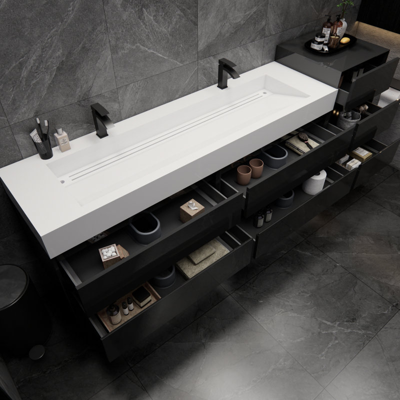 Kube 104'''' Wall Mounted Nano Bath Vanity With Double Acrylic  Sink, Black