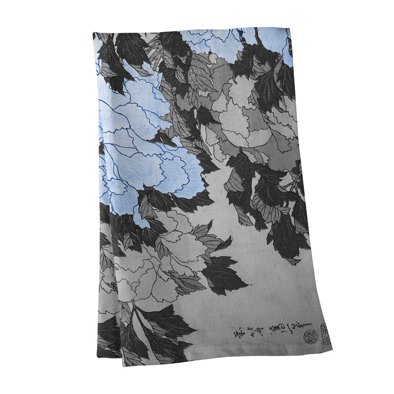 Serviette de thé pivoines et papillon, Polyester sergé, Gris / Mauve