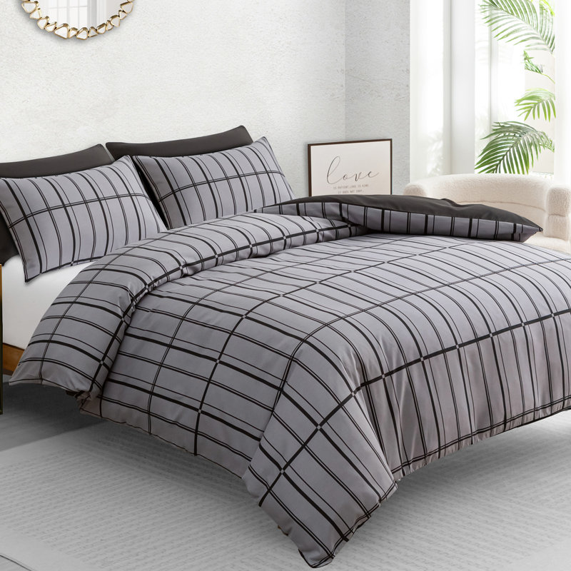 Soft Touch Reversible Duvet Cover Set with Secure Zipper & Corner Ties, Super King Duvet Cover + 2 Standard Pillowcases, Grey