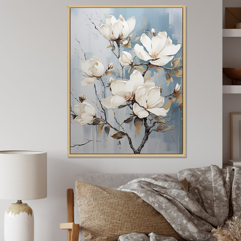 «Magnolia Blossom» blanc et bleu sur fond blanc, Cadre naturel flottant, H 44 po x l 34 po x P 1,5 po