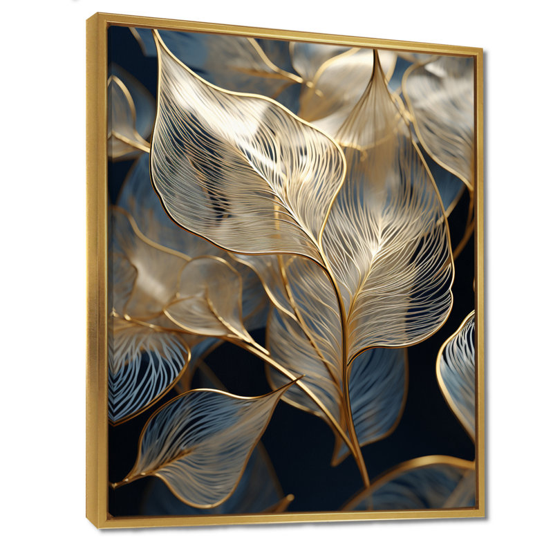 Golden Ginkgo Biloba Leaves - Leaves Wall Art Print, 44" H x 34" W x 1.5" D, Gold Floater Framed Canvas