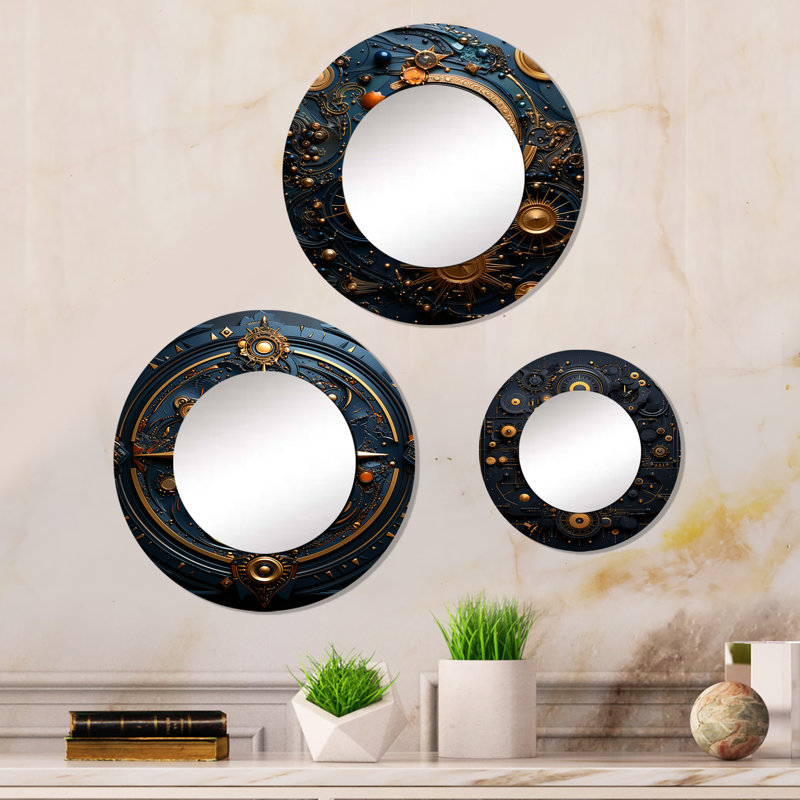 Ancient Compass Geometric In Gold And Blue Round Wall Mirror