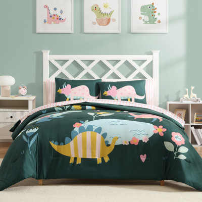 Amberspace Queen Comforter Sets, Dinosaur Kids Bedding Set with Cute Floral, All Season Boys Teen Bed in a Bag 7 Pieces with Sheets, Pillowcases & Shams