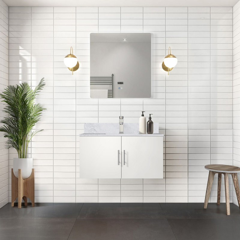 Meuble-lavabo blanc lustré 36 po X P 22 po D, avec plateau en marbre de Carrare
