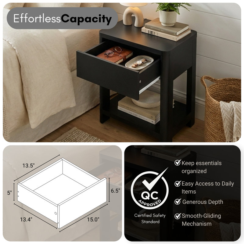 Novera Modern 23" H 1 Drawer Nightstand With Open Shelf
