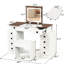Bureau de meuble-lavabo lumineux à intensité variable avec rangement spacieux. 10 tiroirs, blanc et noyer. Miroir rabattable pour économiser de l'espace. Tabouret relaxant et généreux blanc + finition noyer. Optimisation.