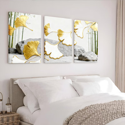 «Golden Ginkgo Leaves and Bamboo Forest», art mural tendu sur toile, impression de nature minimaliste (ensemble de 3)