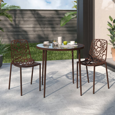 Houser 3-Piece Outdoor Dining Set with Round Dining Table Glass Top and 2 Dining Side Chair in Aluminum
