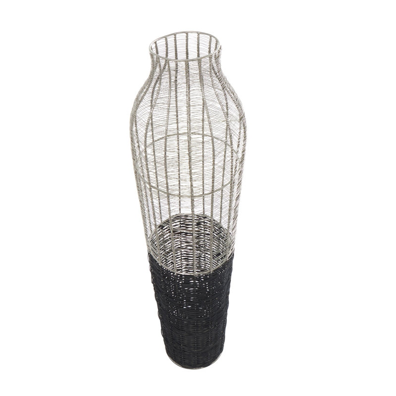 Metal Tall Decorative Silver Vase with Woven Black Rattan Base, 35.5" H x 9.2" W x 9.2" D