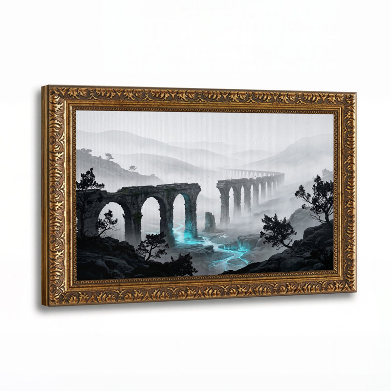 Tableau sur toile représentant des ponts de pierre de Misty Valley enjambant une rivière d'un bleu éclatant, 16"H x 24"W