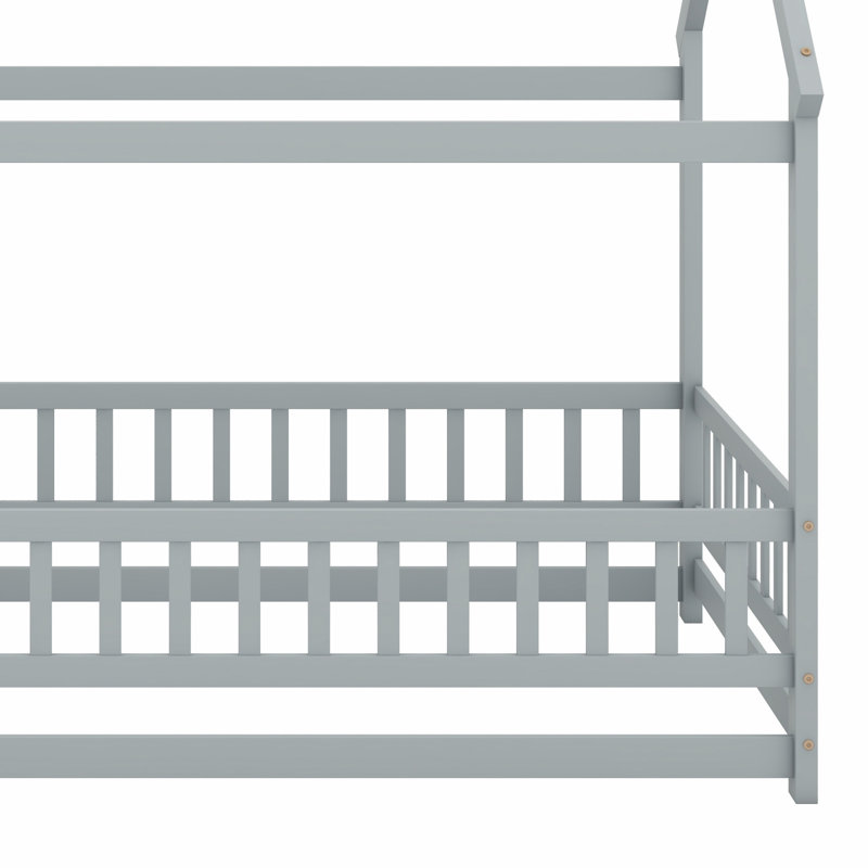 Lit en bois avec structure de toit et garde-corps de sécurité, Gris