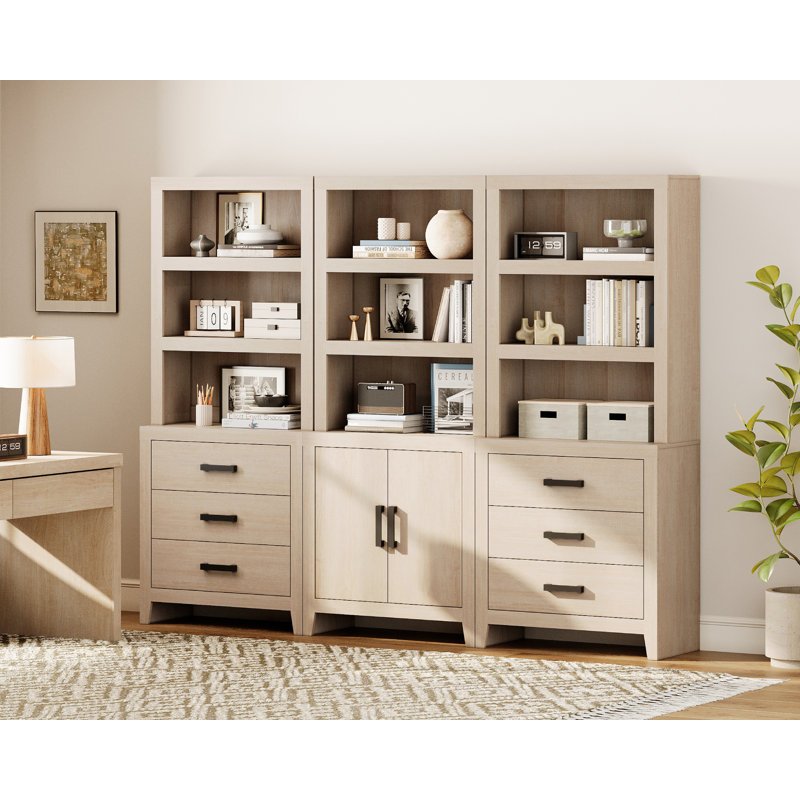 74" Tall Bookshelf With Doors And Drawers, Wooden Bookshelf With Open Storage Shelf, Farmhouse Bookcase For Living Room, Home Office,Library, Beige