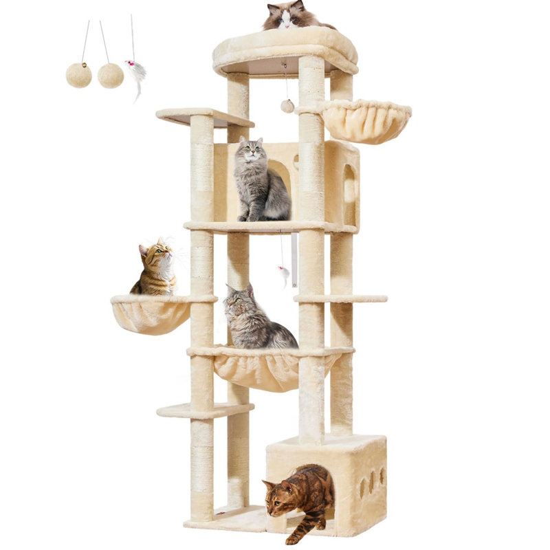 183cm Large Cat Tree Tower for Indoor Cats, with 7 Sisal Scratching Posts, 2 Cat Condos, Platform, 2 Hanging Baskets & Metal Hammock, Beige