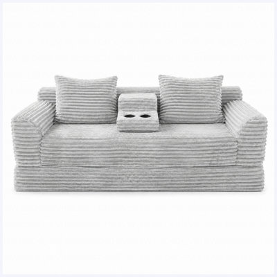 72 inches  Soft Striped Corduroy Convertible Sofa Bed, Gray Fold Out Lounge Couch with Cup Holders & Pillows, Dual-use Sofa Bed, Space-Saving Furniture for Apartment Living Room Guest Room
