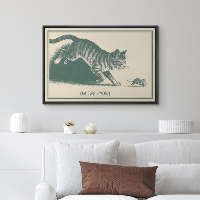 Illustration rétro de chat et de souris - reproduction d'art sur toile encadrée, H 16 po x l 24 po, Noir