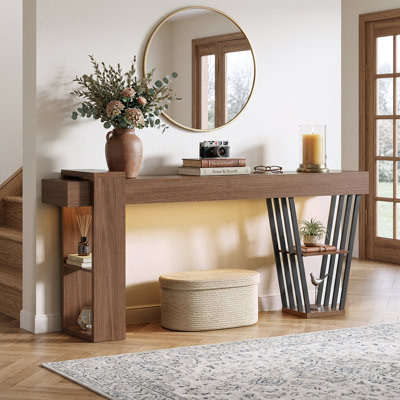 70.9'' Extra Long Console Table with LED Light, Sofa Table Behind The Couch with Side Storage Shelves, Modern Entryway Accent Table for Entrance, Hallway,Living Room,Foyer, Walnut
