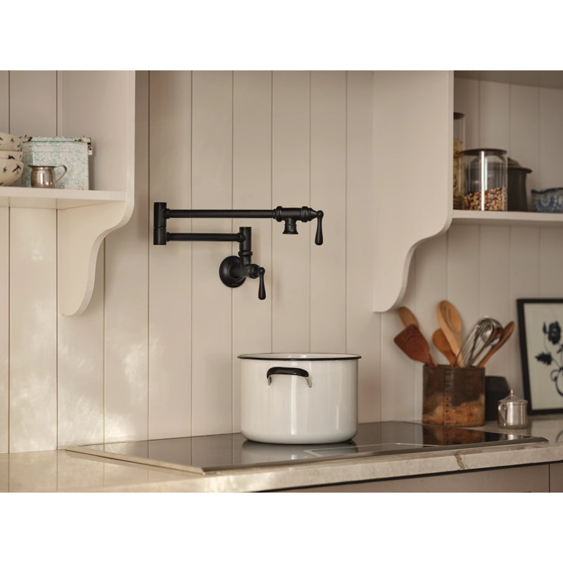 Moen Traditional Wall Mount Swing Arm Folding Pot Filler Kitchen Faucet, Matte Black