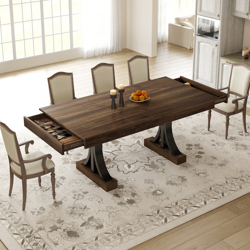 Table de salle à manger pour 6 à 8 personnes avec 2 tiroirs, table de cuisine en bois avec double piédestal et grand plateau de table, grande table rectangulaire de 8 pi avec cadre robuste