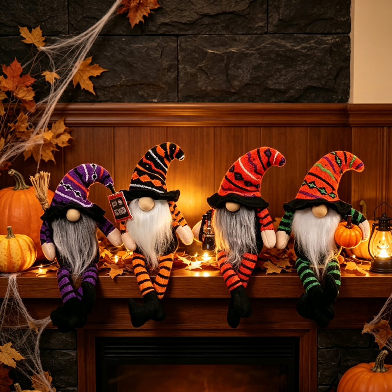 Ensemble de 4 décorations de table de gnome rayé d'Halloween, gnomes de sorcière à longues pattes avec citrouille, balai, lanterne et signe de joyeux Halloween, décorations de gnome sans visage pelucheux pour tablette de cheminée