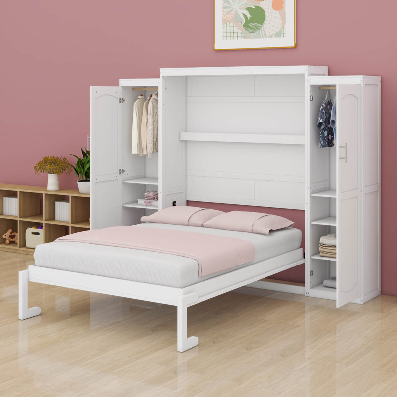 Armoire murale pleine grandeur avec lit escamotable avec 2 garde-robe et tablette de rangement, lit escamotable mural en bois Murphy, cadre de lit plateforme pliable multifonctionnel pour chambre d'amis
