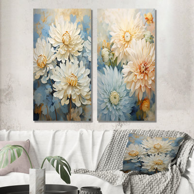 «Blooming White Mums» sur fond bleu - Ensemble de 2 reproductions d'art mural «Mums»