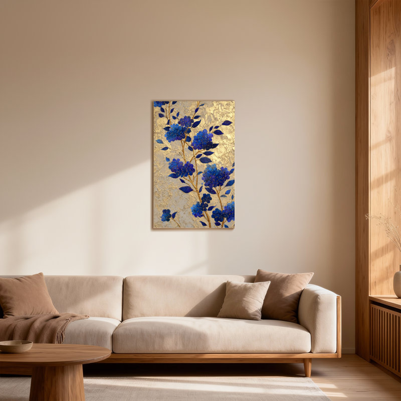 Plantes et fleurs fleurs bleues sur fond doré, H 12 po x l 18 po