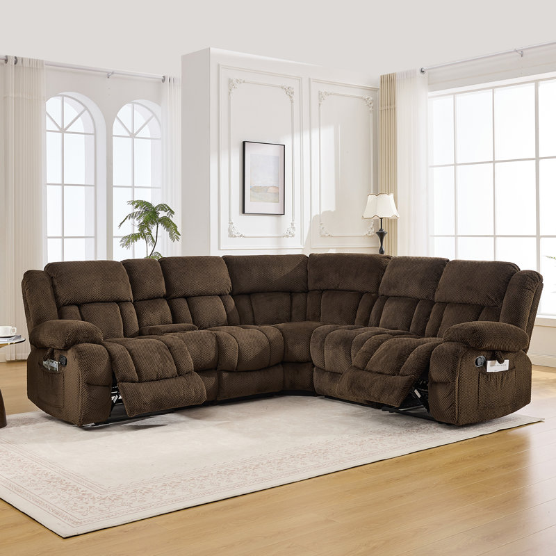 Canapé modulaire inclinable manuel à 5 places en velours doux avec porte-gobelets et rangement, Brown Velvet
