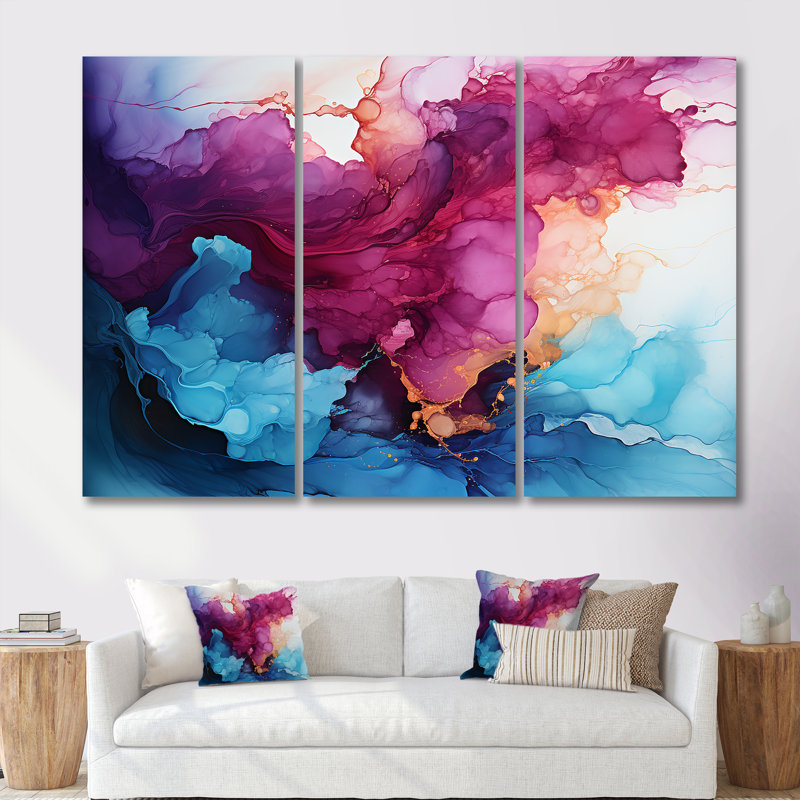 «Art liquide», encre mauve, magenta, or, ensemble d'art mural en marbre, Toile tendue, H 40 po x l 60 po x P 1 po