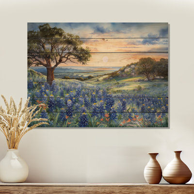 Blue Bonnets Sunset - Blue Bonnets Wood Wall Art On Natural Pine Wood