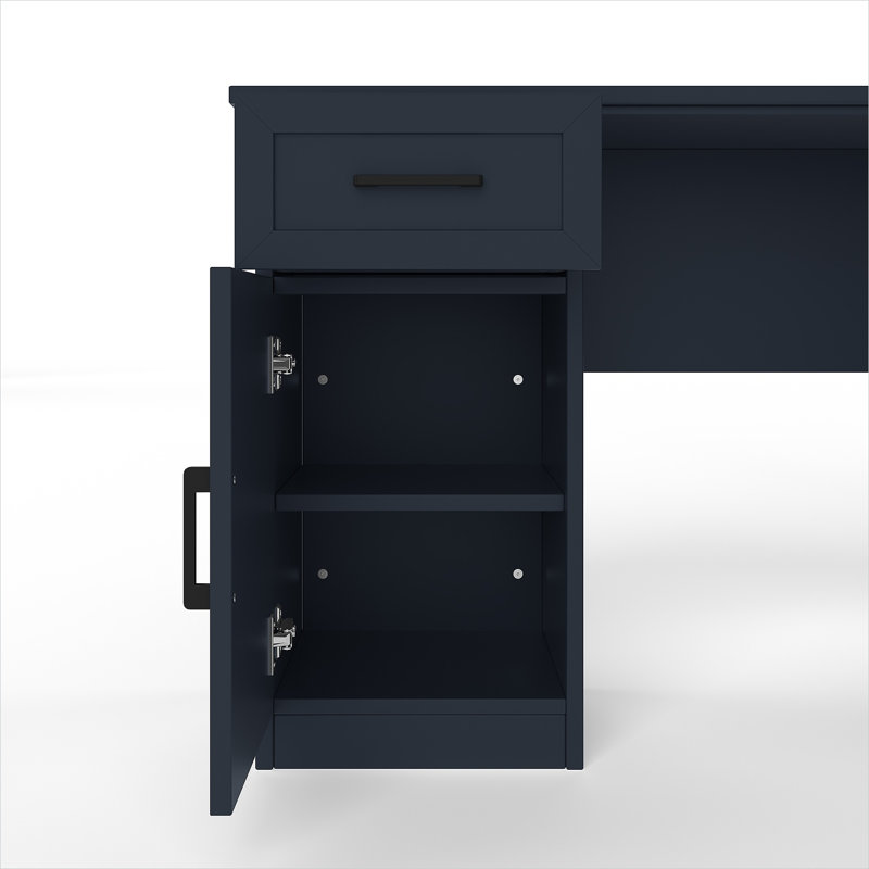 Bureau de direction en L avec rangement intégré et prise intégrée, 2 armoires, 11 tablettes ouvertes, finition bleue
