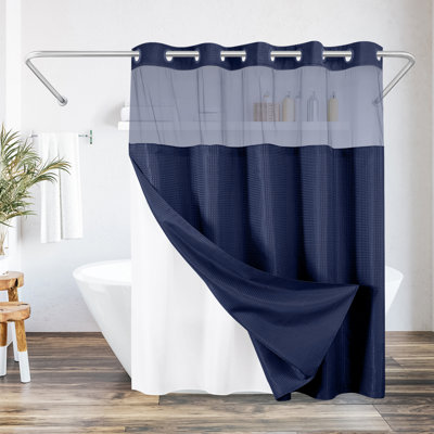 Rideau de douche 72x75 à motif gaufré sans crochet - Long rideau de douche résistant à l'eau avec panneau transparent, doublure à encliqueter et œillets