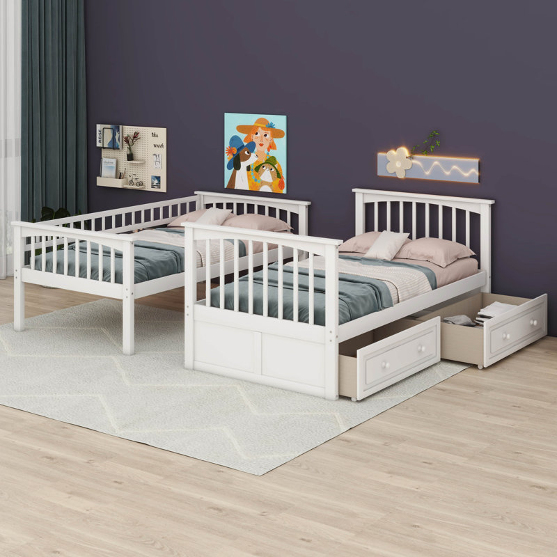 Lit superposé Kelmend avec tiroirs, lits convertibles, Twin Over Twin, White