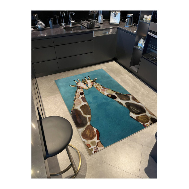 Tapis décoratif lavable moderne à motif girafe bleu, Tapis de couloir 4 pi 11 po x 9 pi 10 po