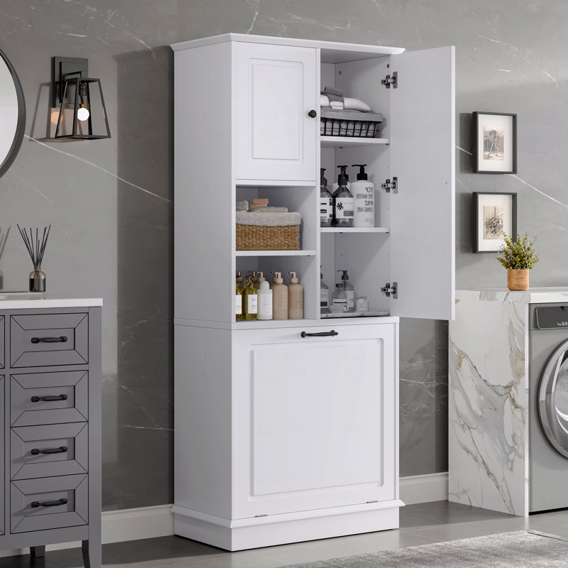 Tall Storage Cabinet With Adjustable Shelves, Large Flip-Out Basket And Enclosed Cabinets, White