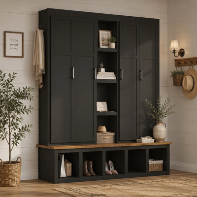 62.9 Inch Farmhouse 4-in-1 Hall Tree with 6 Hanging Hooks, Wood Grain Bench and Shoe Cabinet, Black