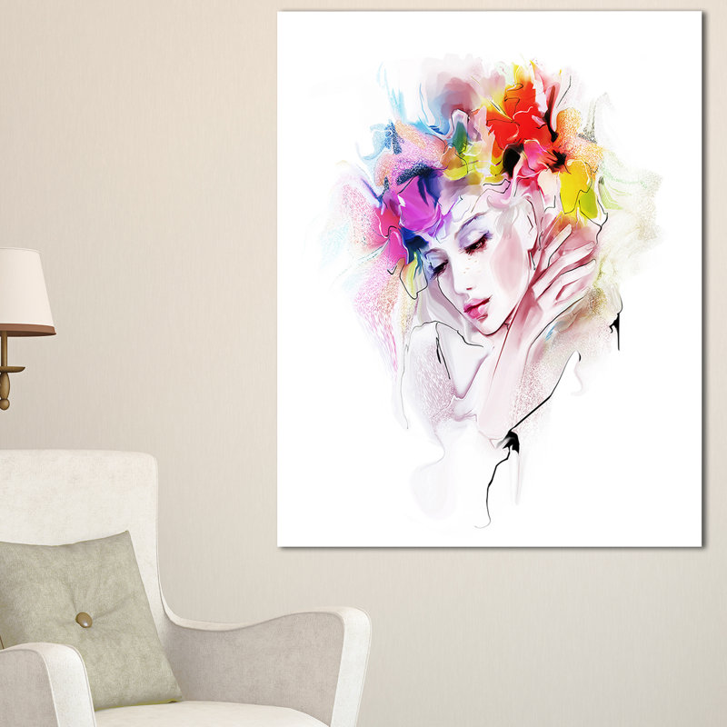 «Girl with Flowers Wreath», peinture, H 32 po x l 16 po x P 1 po, Toile tendue avec châssis