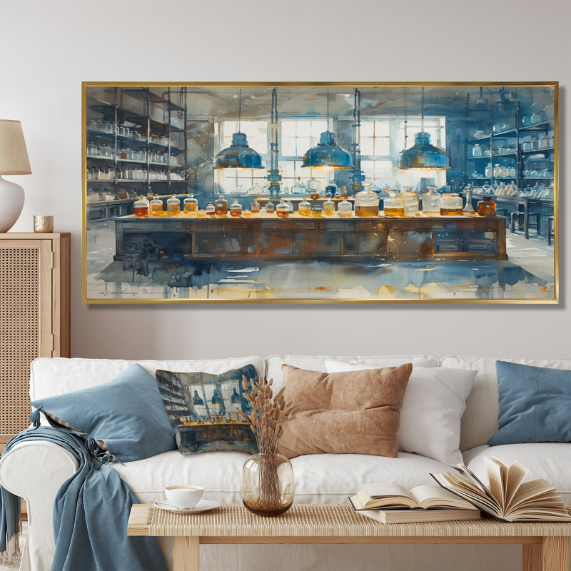 Salon d'art mural bleu et jaune, Cadre flottant doré, 12" H x 20" W
