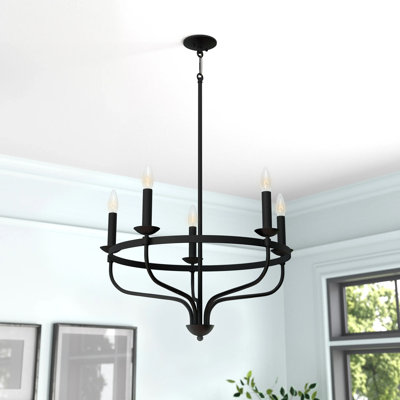 Longacre 5 - Light Candle Style Wagon Wheel Chandelier in Matte Black