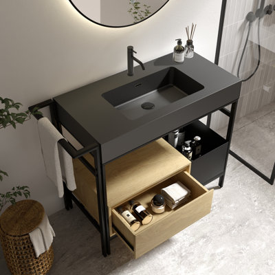 36" Bathroom Vanity With Metal Frame, Soft-Close Drawer, Open Storage, Adjustable Towel Bar, Hardware, Black Oak Quartz, 36.5" Depth, 18.38" Width, 33.08" Height, 110.34 Lb