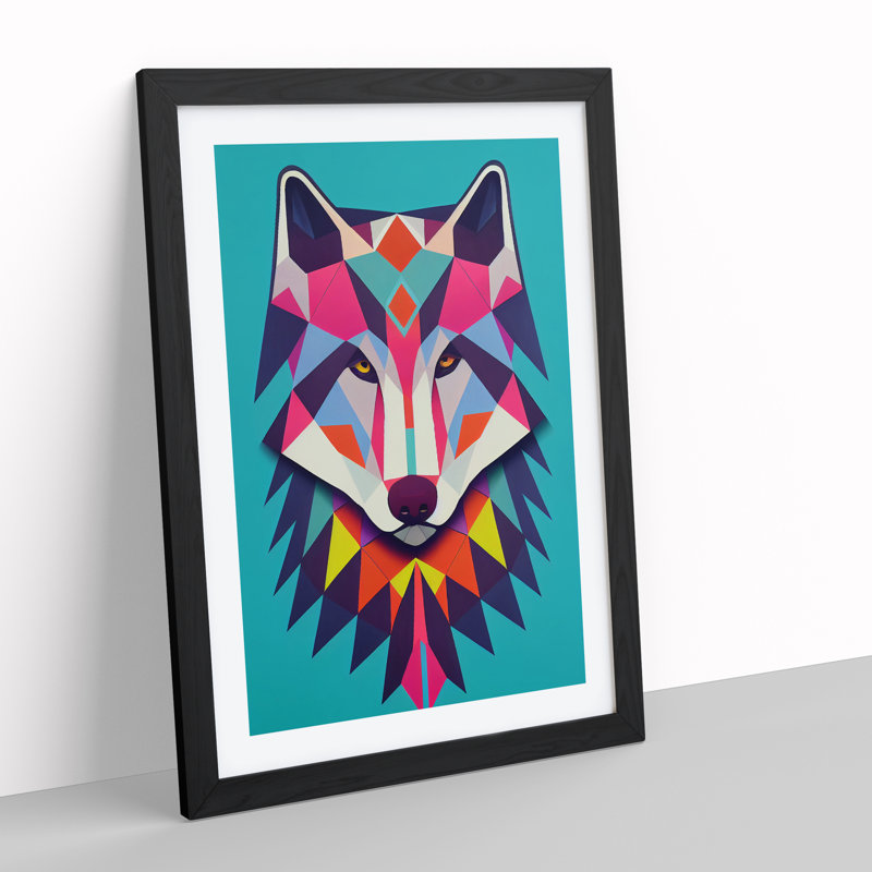 Colourful Abstract Wolf - Wall Art, Black Framed, 36cm H x 27cm W x 2cm D, White