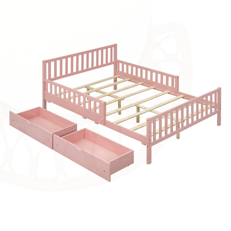 Lit plateforme en bois avec garde-corps des deux côtés et deux tiroirs de rangement, Double, Rose