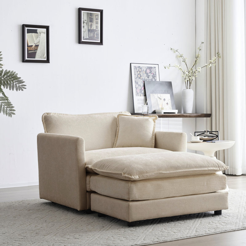 Fauteuil moderne avec chenille beige - tissu haut, bois, assise en bois massif, revêtement, pour diverses pièces