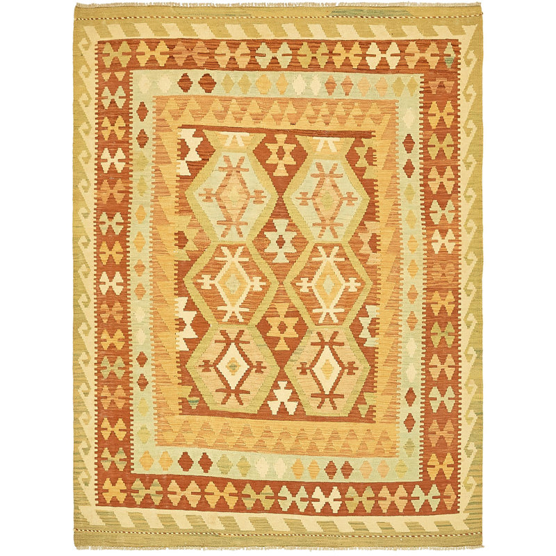 Tapis de zone en laine beige/rouge 4 pi 9 po x 6 pi noué la one-of-kind à la main Elland