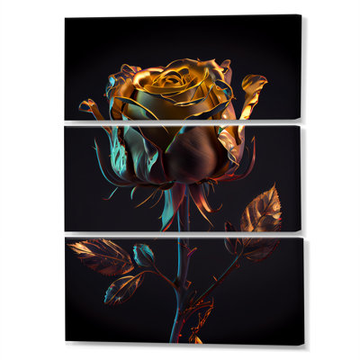 Glam Golden Rose On Black I - Floral Rose Canvas Wall Art Set -  Design Art, PT81204-3PVXL