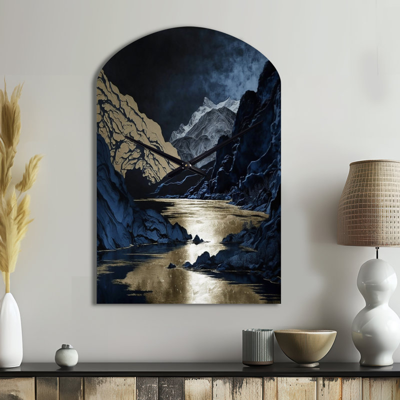 Gold Frosted River And Mountain III - Asymmetrical Forest River Mountains Metal Wall Clock, Arch Wall Clock Print, Grand