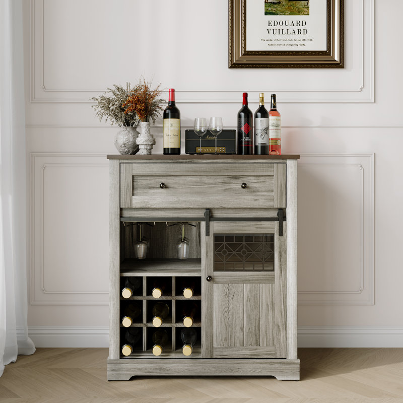 Brown 32''Farmhouse Coffee Bar Wine Cabinet Kitchen Storage Buffet Cabinet With Drawers & 9 Wine Glass Rack, Brown