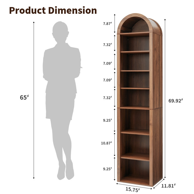 70" Arched Narrow Bookcase, 8-Tier Open Bookshelf, Brown